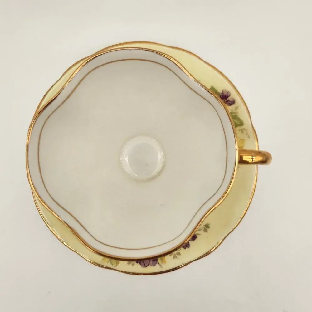 Footed Teacup & Saucer Clarence Bone China England Purple &‎ Yellow Violets Gold
